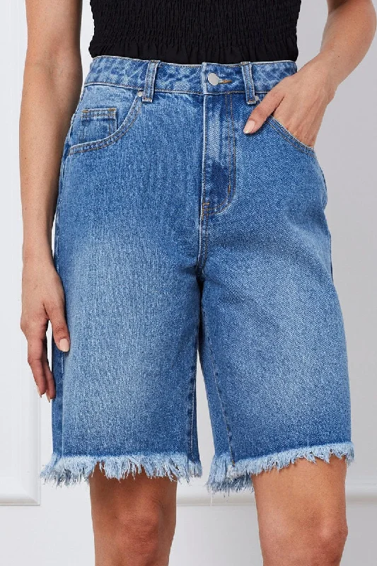 Blue Knee Length Denim Shorts High Rise