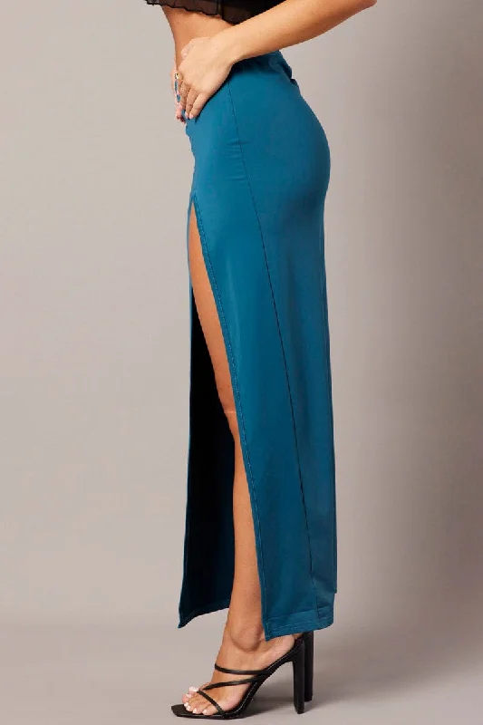 Blue Maxi Skirt Mid Rise Split Nylon