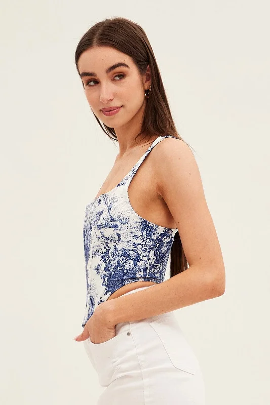 Blue Print Corset Top Sleeveless Square Neck Crop