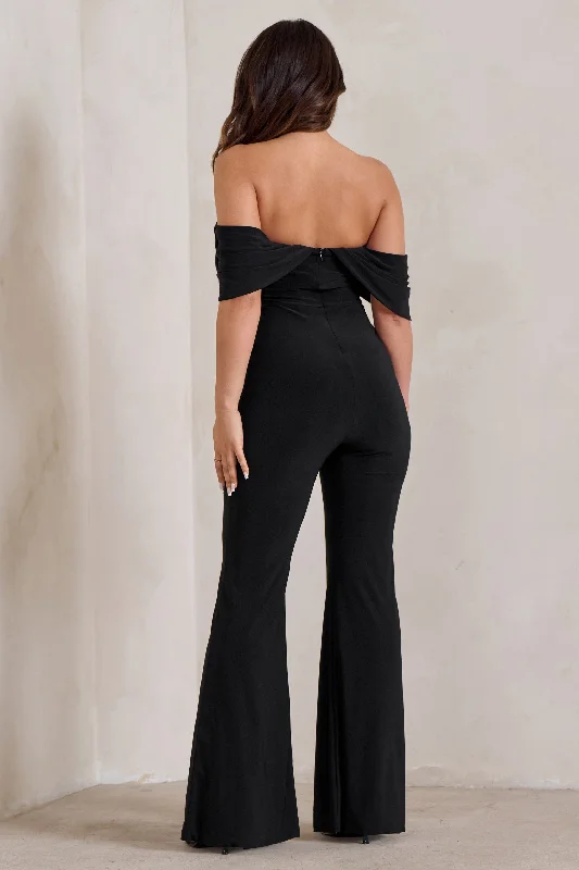 Bonnie | Black Bardot Drape Sleeve Jumpsuit