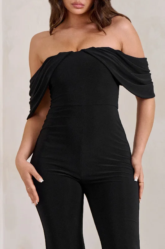 Bonnie | Black Bardot Drape Sleeve Jumpsuit