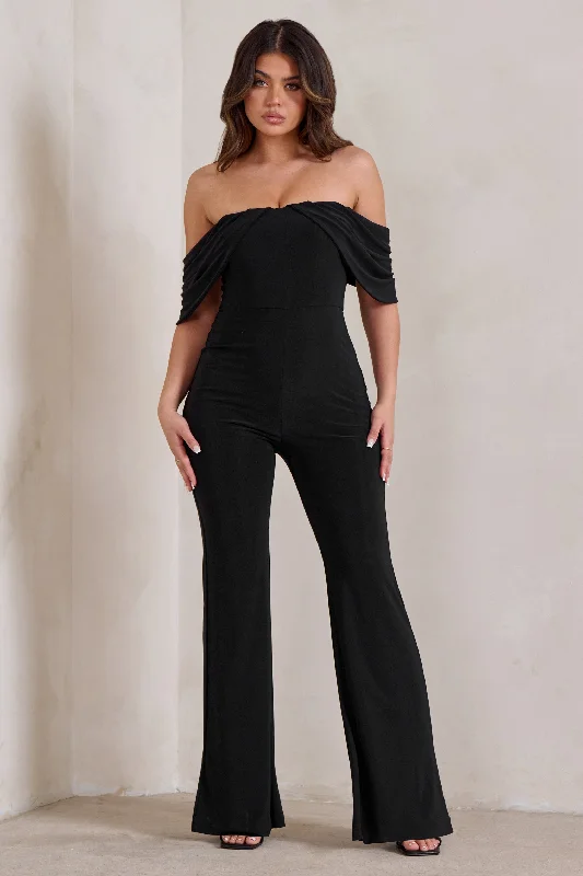 Bonnie | Black Bardot Drape Sleeve Jumpsuit