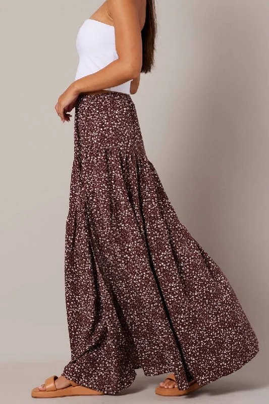 Brown Ditsy Maxi Skirt High Rise Tiered