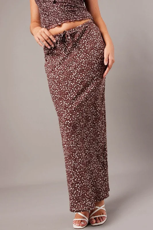 Brown Ditsy Slip Skirt Maxi