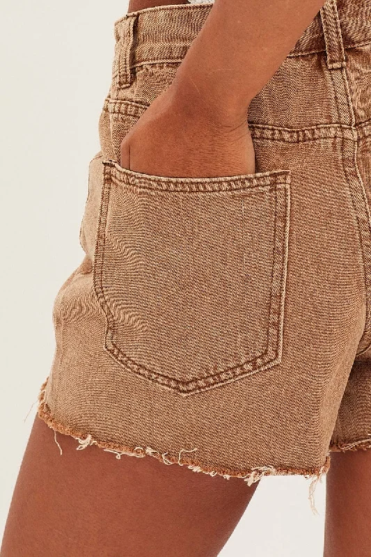 Brown Mid Rise Denim Shorts