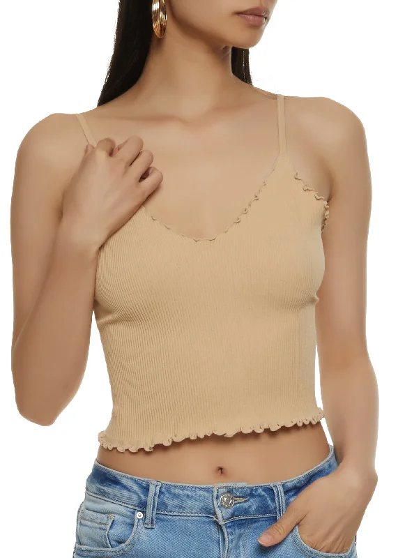 Ribbed Knit Lettuce Edge V Neck Seamless Cami