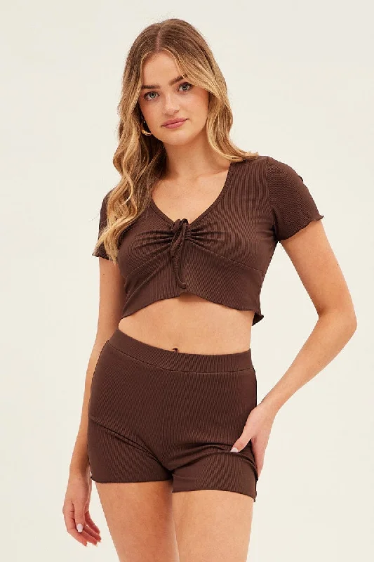 Brown Ruched Crop Top Loungewear Set