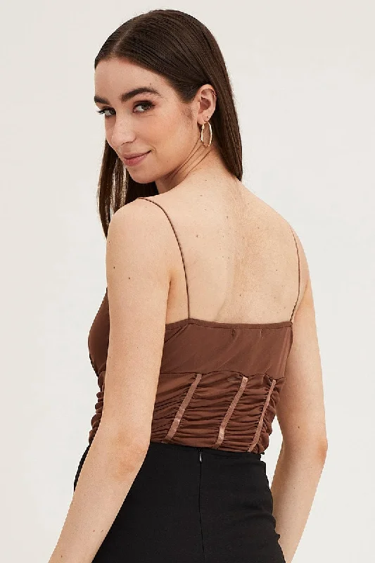 Brown Sleeveless Corset Look Waist Detail Mesh Bodysuit