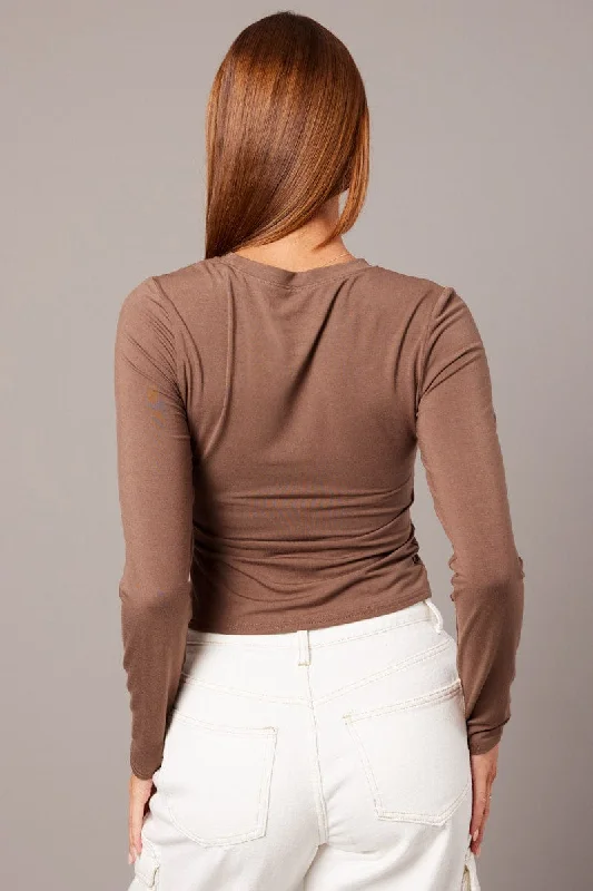 Brown Top Long Sleeve Crew Neck Modal