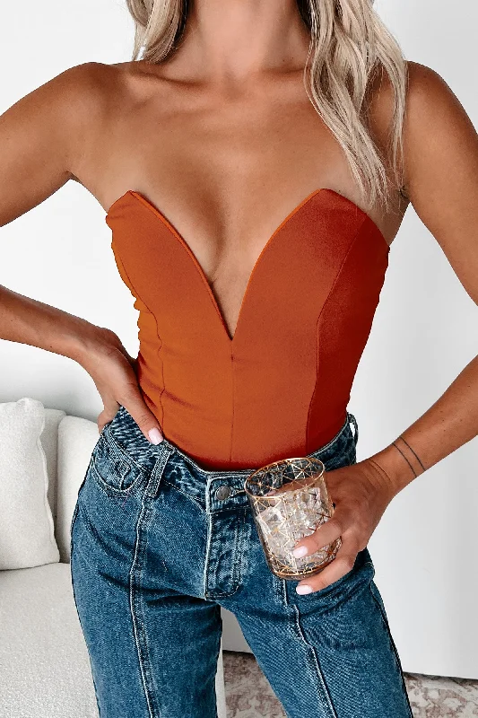 Call My Agent Strapless Deep V-Neck Bodysuit (Desert Orange)