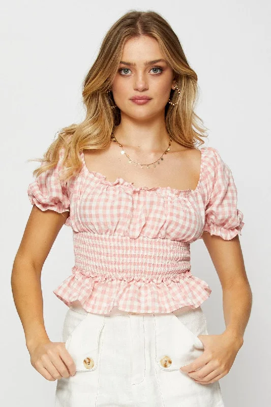 Check Crop Top Short Sleeve Square Neck