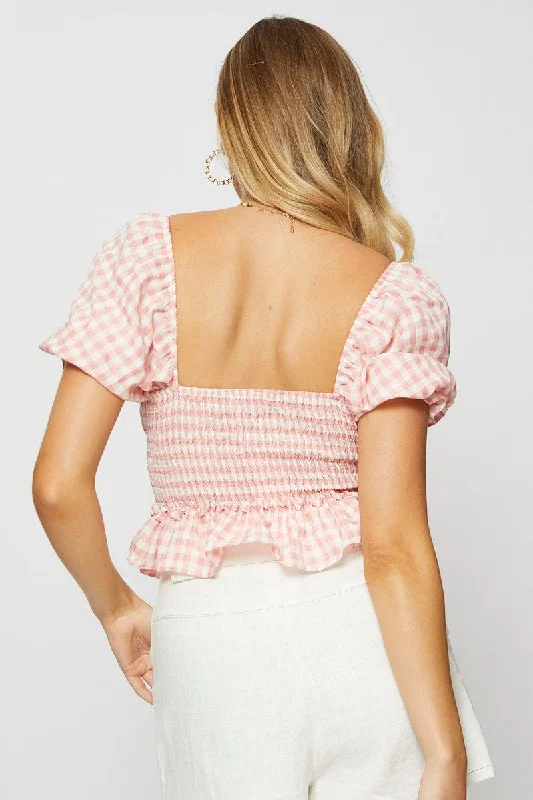 Check Crop Top Short Sleeve Square Neck