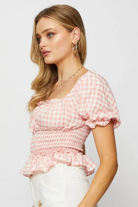 Check Crop Top Short Sleeve Square Neck