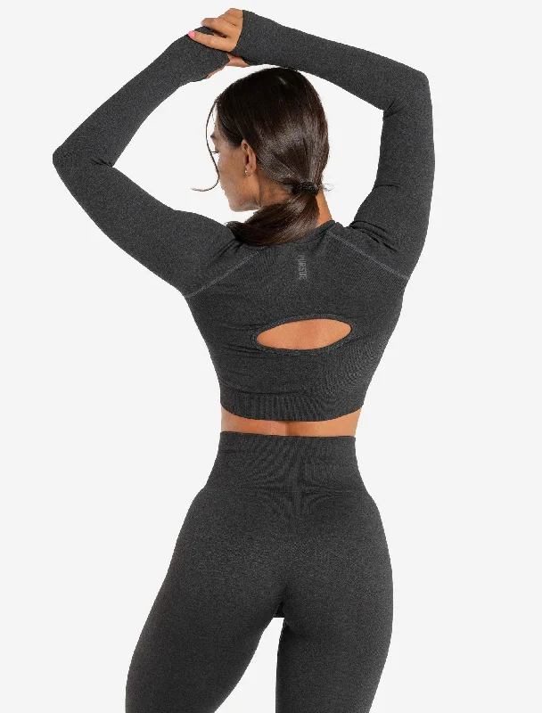 Core Seamless Long Sleeve Crop Top - Black Marl