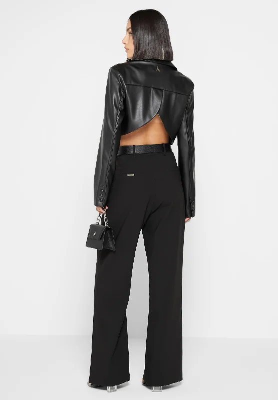 Cropped Vegan Leather Blazer with Open Back - Black