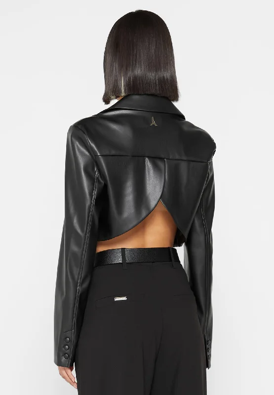 Cropped Vegan Leather Blazer with Open Back - Black