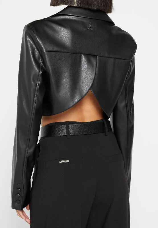 Cropped Vegan Leather Blazer with Open Back - Black