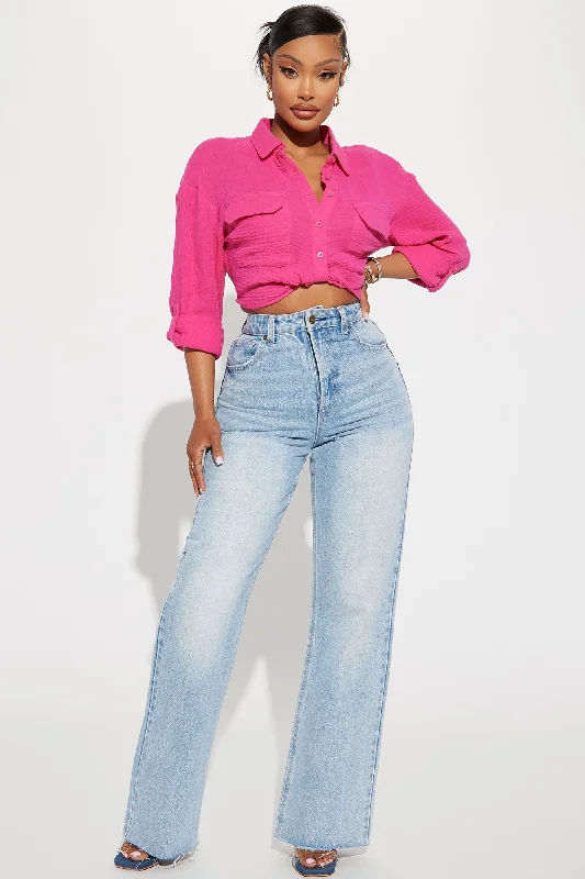 Deja Twist Front Cropped Gauze Shirt - Hot Pink