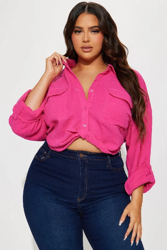 Deja Twist Front Cropped Gauze Shirt - Hot Pink