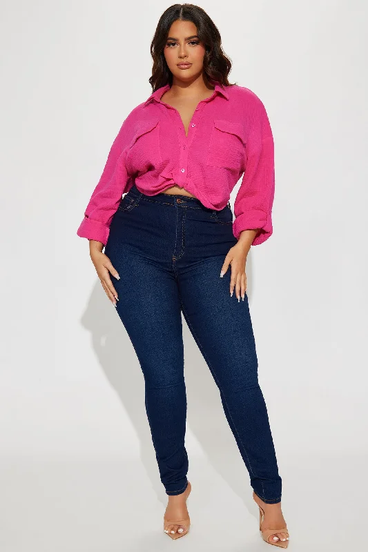 Deja Twist Front Cropped Gauze Shirt - Hot Pink