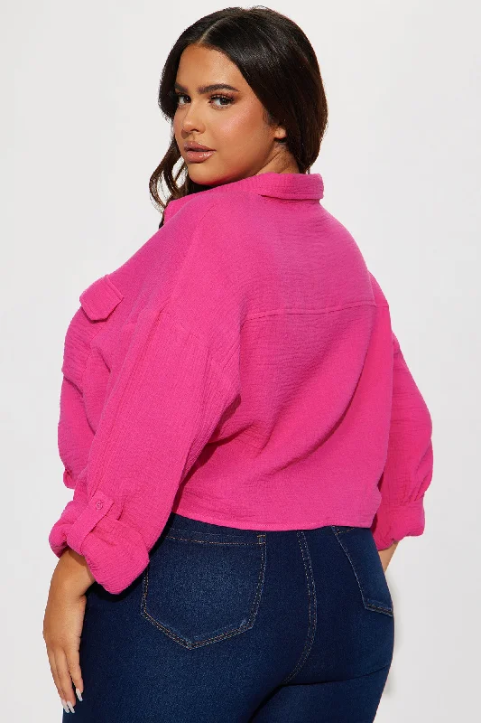 Deja Twist Front Cropped Gauze Shirt - Hot Pink