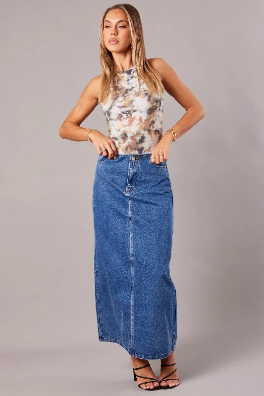 Denim Maxi Skirt High Rise A-line Raw Edge Denim