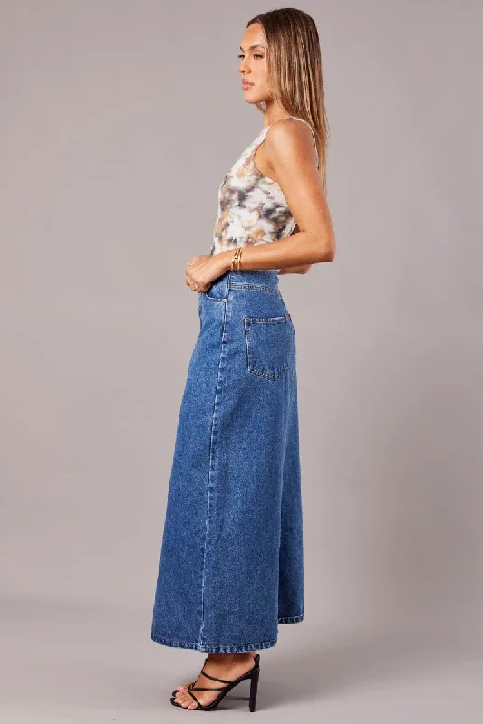 Denim Maxi Skirt High Rise A-line Raw Edge Denim