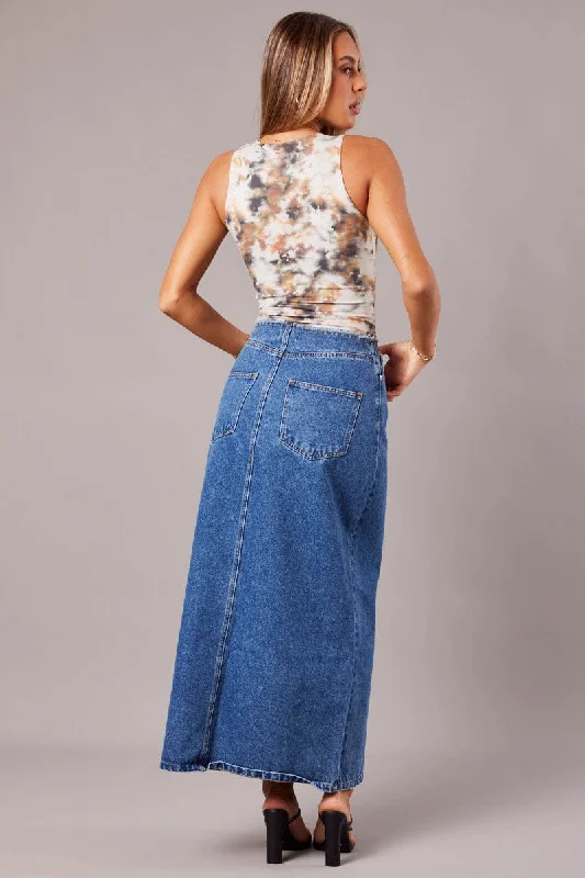 Denim Maxi Skirt High Rise A-line Raw Edge Denim