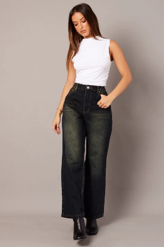 Denim Wide Leg Jean Mid Rise Dirty Wash