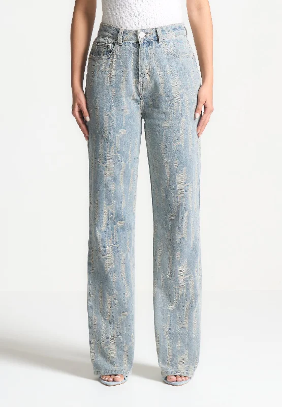 Distressed Boyfriend Jeans - Washed Blue