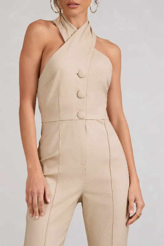 Don't Cross Me | Stone Halter Neck Tailored Buttoned Sleeveless Jumpsuit