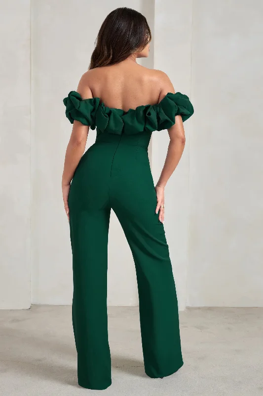 Esmie | Bottle Green Structured Statement Bardot Wide Leg Jumpsuit