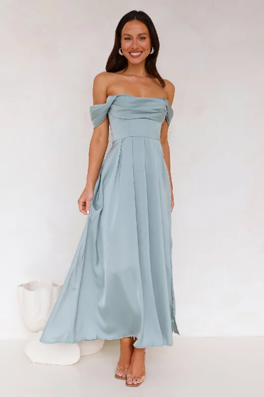 Golden Affair Off Shoulder Satin Maxi Dress Sage