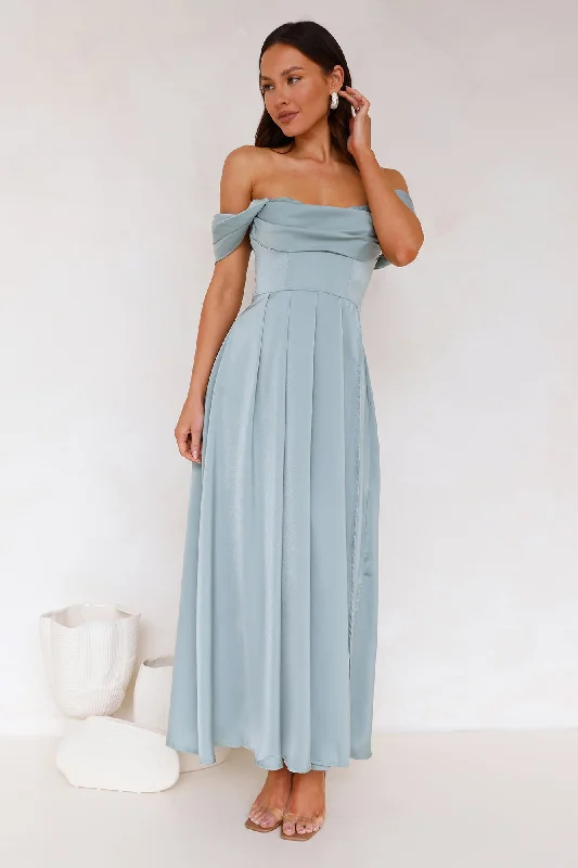 Golden Affair Off Shoulder Satin Maxi Dress Sage