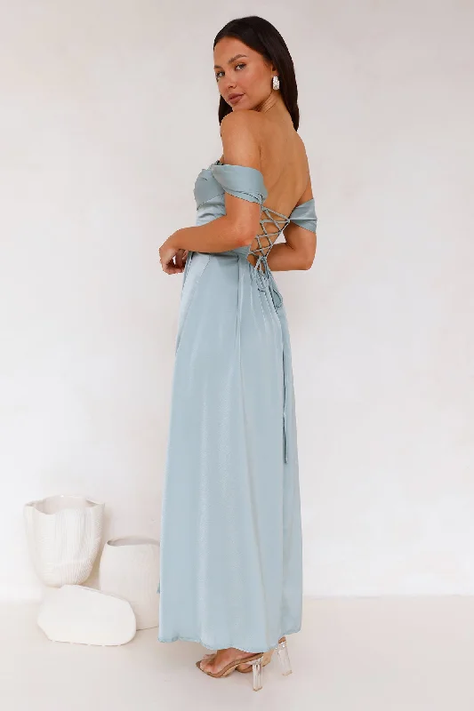 Golden Affair Off Shoulder Satin Maxi Dress Sage