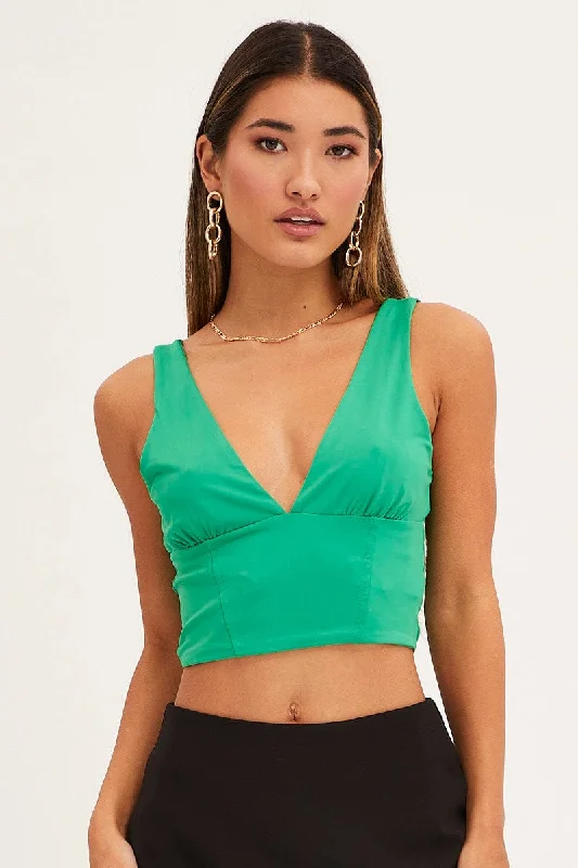 Green Corset Detail Top Sleeveless Crop Slinky Jersey