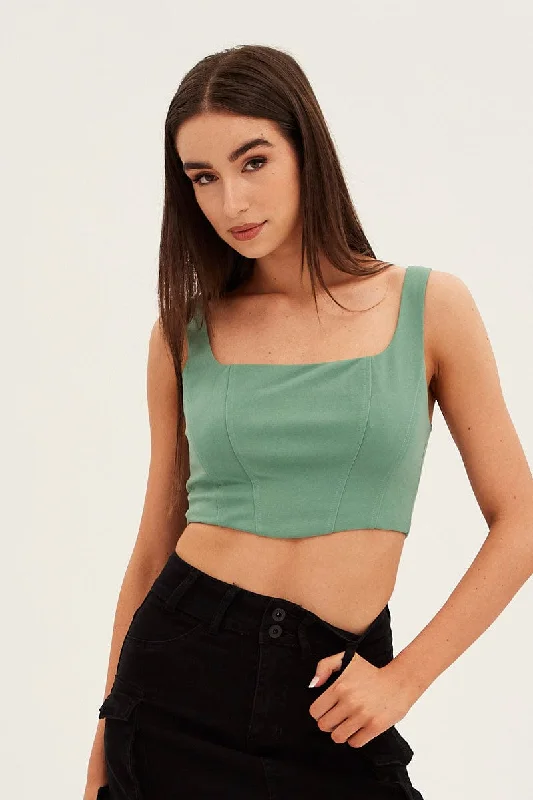 Green Corset Top Shirred Back Sleeveless Crop Jersey