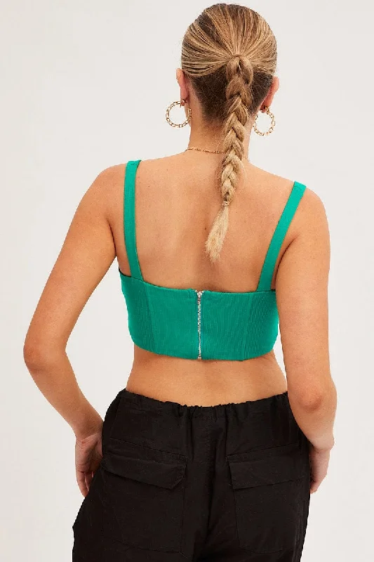 Green Corset Top Sleeveless Seam Detail Square Neck