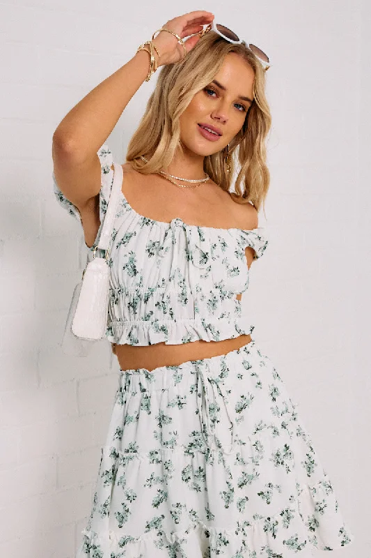 Green Ditsy Crop Top Short Sleeve Ruched