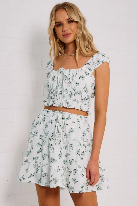 Green Ditsy Crop Top Short Sleeve Ruched