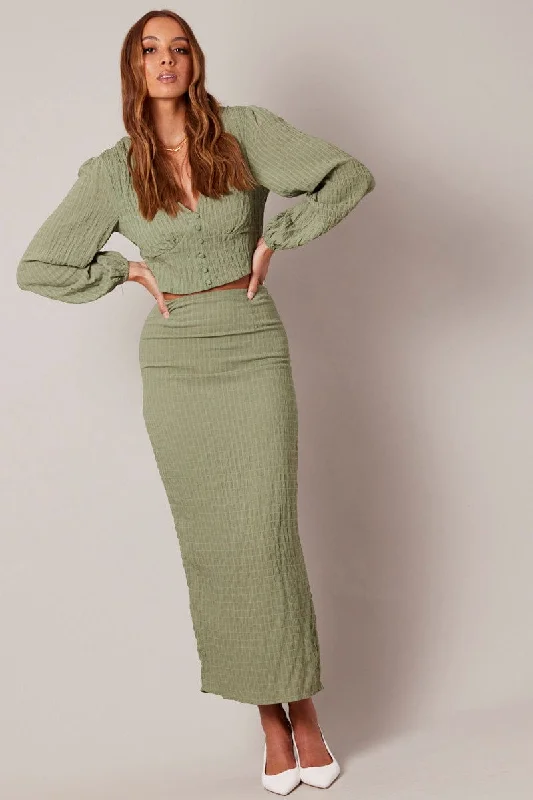 Green Midi Skirt High Rise Textured Fabric