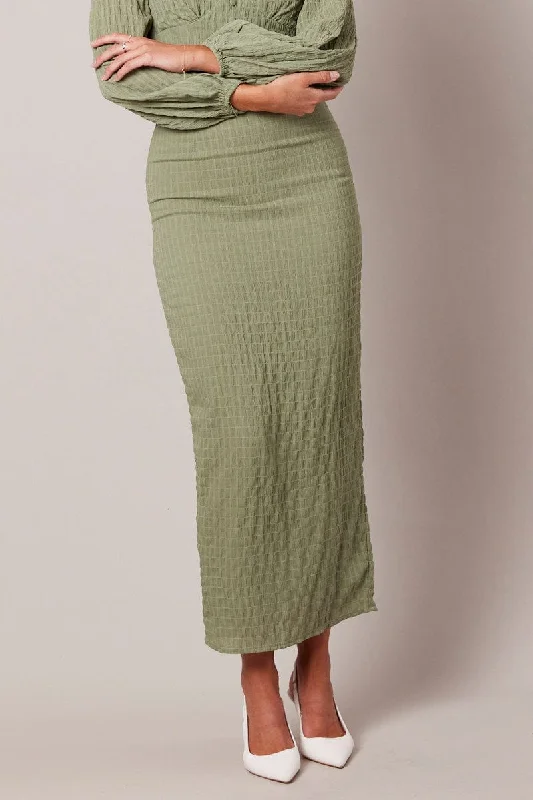 Green Midi Skirt High Rise Textured Fabric