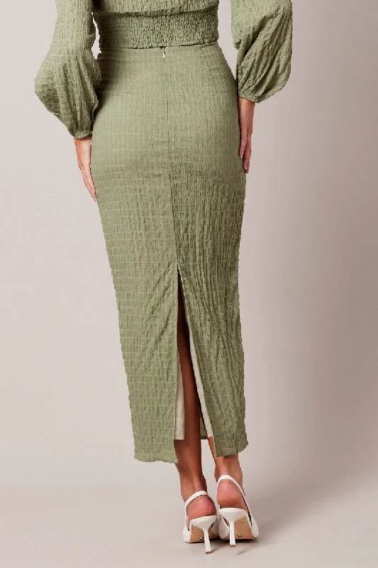 Green Midi Skirt High Rise Textured Fabric