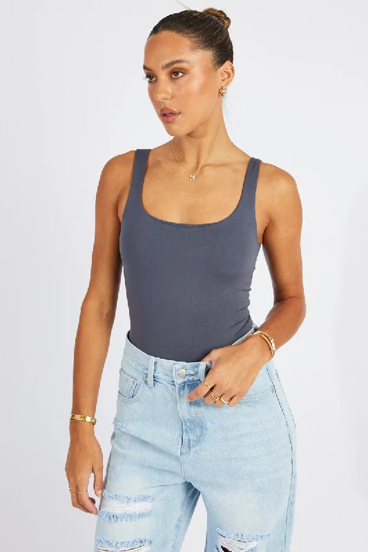 Grey Bodysuit Scoop Neck Seamless