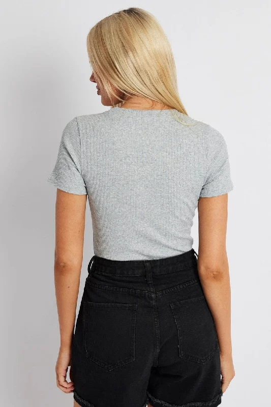 Grey Bodysuit Short Sleeve Crew Neck Rib Jersey