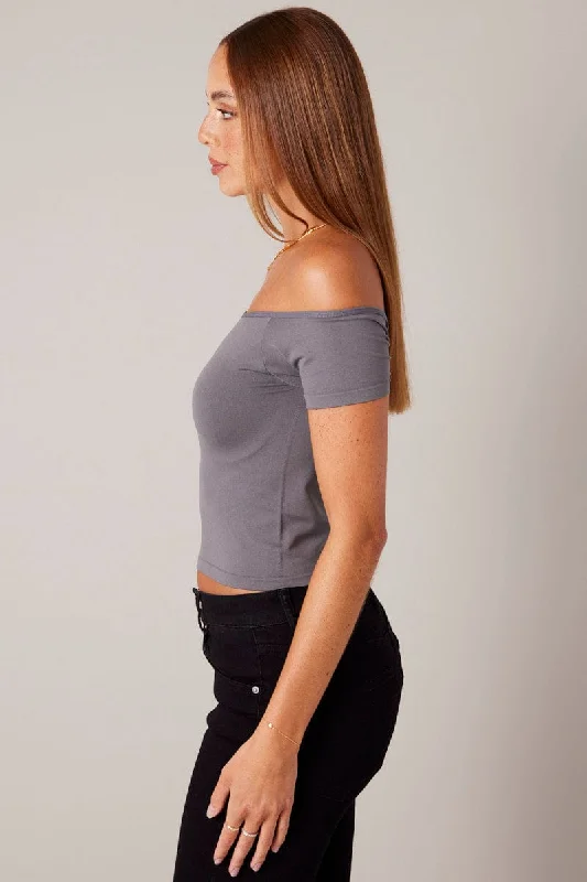 Grey Off Shoulder Top Short Sleeve Seamless