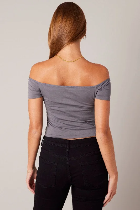 Grey Off Shoulder Top Short Sleeve Seamless