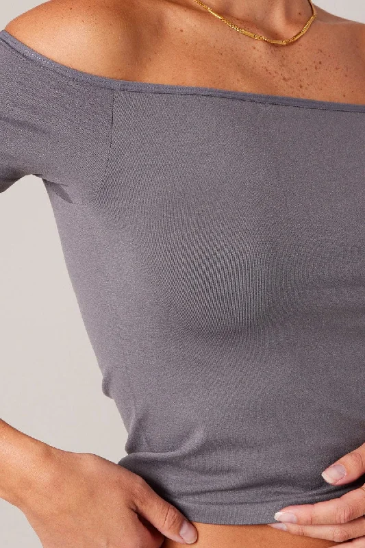 Grey Off Shoulder Top Short Sleeve Seamless