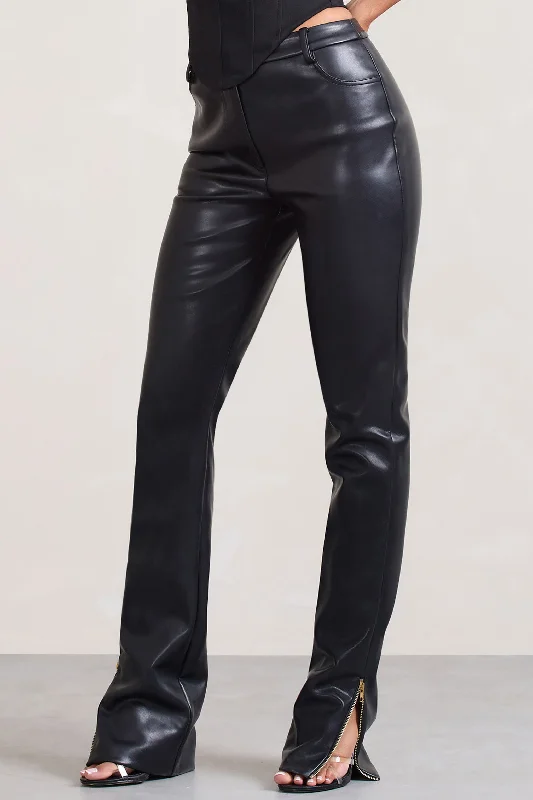 Jackie | Black Faux Leather High-Waisted Trousers With Ankle Zips