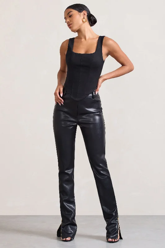 Jackie | Black Faux Leather High-Waisted Trousers With Ankle Zips